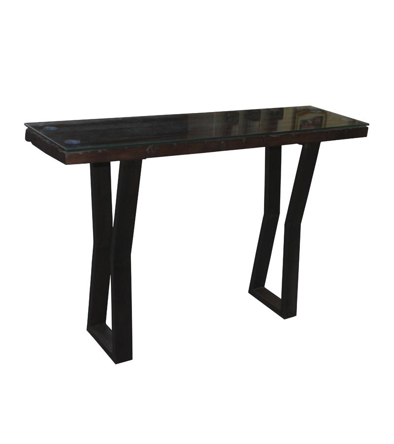 Solid Wood & Iron Console Table w/ Glass Top